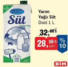 DOST YARIM YAĞLI SÜT 1 L fiyat ve kampanya bilgisi